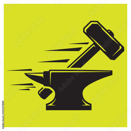 Bold blacksmithing illustration featuring hammer striking anvil with abstract motion lines