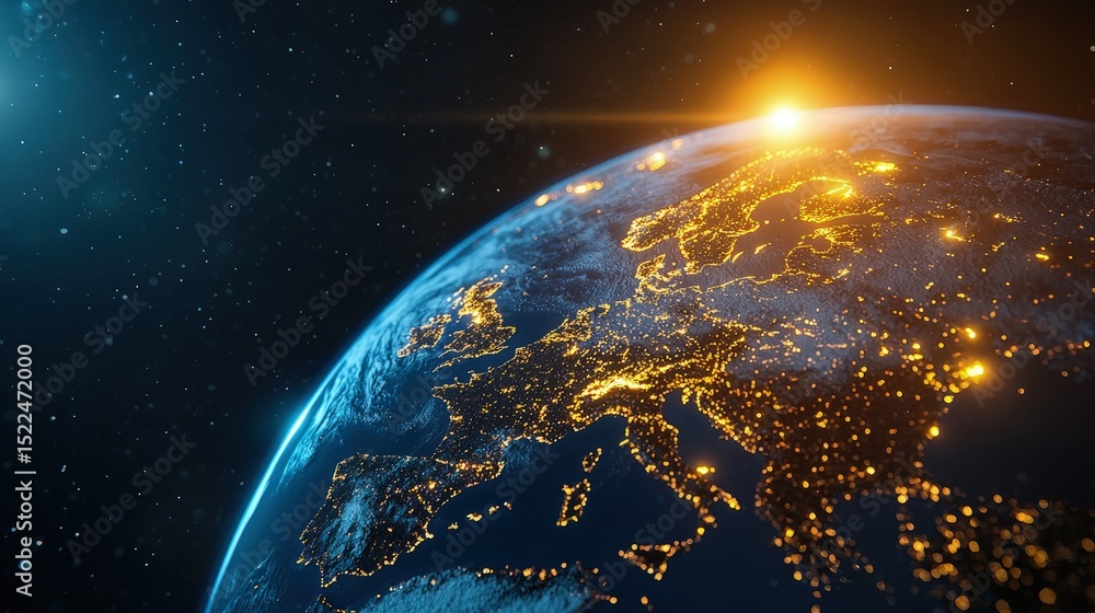 Obraz premium European continent seen from space with city lights.