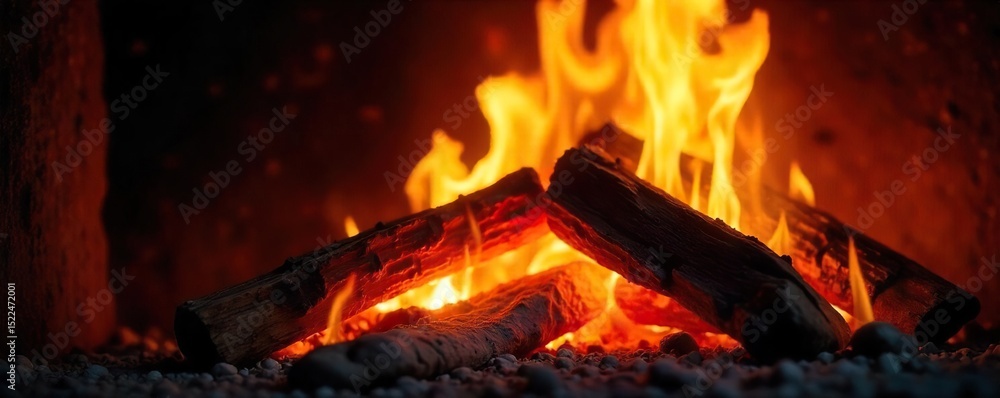 Naklejka premium Close-up shot of a roaring fire burning intensely in a fireplace, embers glowing brightly against the dark background Perfect for themes of warmth, comfort, energy, and power , home, glow, bonfire