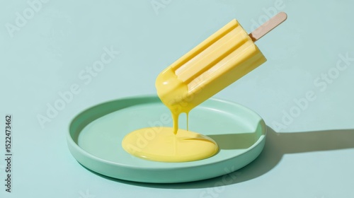Bright Yellow Popsicle Melting on a Light Green Plate Against a Soft Blue Background
