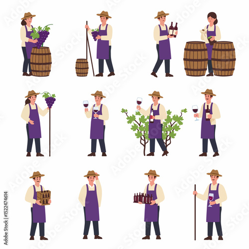 Winemaker staff with grapes and wine products