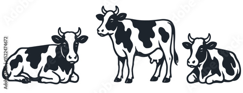 Black and White Cow Silhouette Vector Illustration on Grass