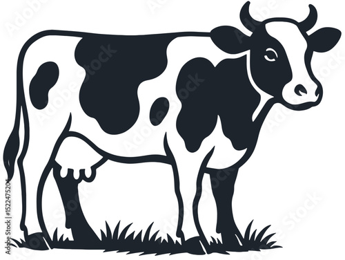 Black and White Cow Silhouette Vector Illustration on Grass