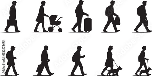 Stylized Walking Silhouettes of People with Phones, Luggage, Pets, and Everyday Accessories in Side View