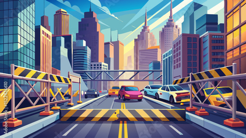 Metal barrier blocks a busy urban road. In close-up, caution tape flutters beside taxis and crosswalks. Skyscrapers tower above, echoing noise and motion in the city’s restless rhythm.

