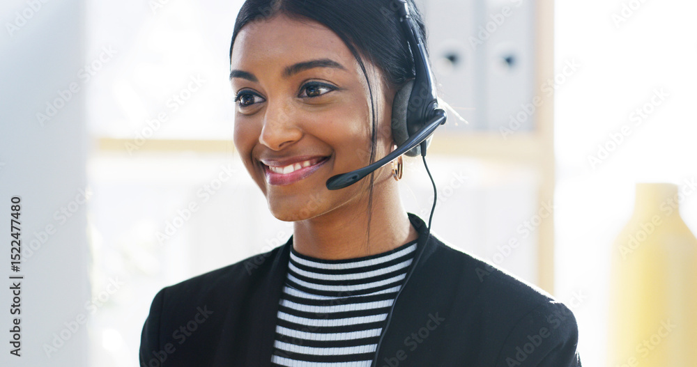 Call center, happy woman and computer with headset for customer service, CRM and talking. Office, female person and business consultant with digital for discussion, sales information and FAQ Call center, happy woman and computer with headset for customer service, CRM and talking. Office, female person and business consultant with digital for discussion, sales information and FAQ