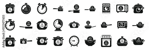 Cook time icons set. Set of cooking time icons representing various cooking durations for different kitchenware, using timers and clocks to indicate preparation times