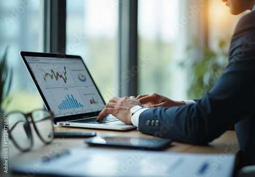 Man using data dashboard. Businessman with laptop working with financial report, market analysis and business strategy. Data dashboard closeup
