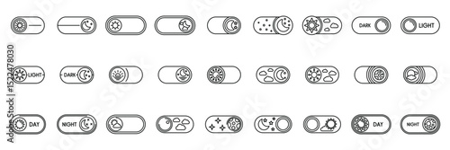 Night day mode icons set. Set of on and off toggle switch icons representing day and night mode with sun, moon, clouds and stars for user interface design