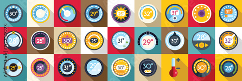 Thermostat ui icons set. Temperature control icons displaying various degrees and settings, ideal for depicting temperature regulation, climate control, or thermostat adjustments
