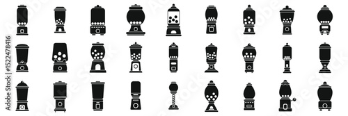 Gumball machine icons set. Set of various gumball vending machines dispensing colorful bubblegum and candy