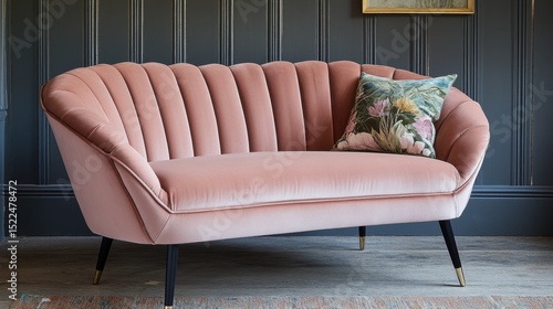 Curved velvet vintage loveseat in pastel pink with pleated details set against a paneled wall