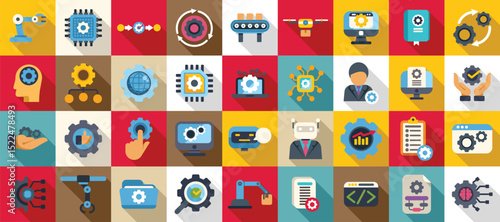 RPA icons set. Automation management icons represent technological advancement in industries, showcasing robotic arms, artificial intelligence, and process optimization
