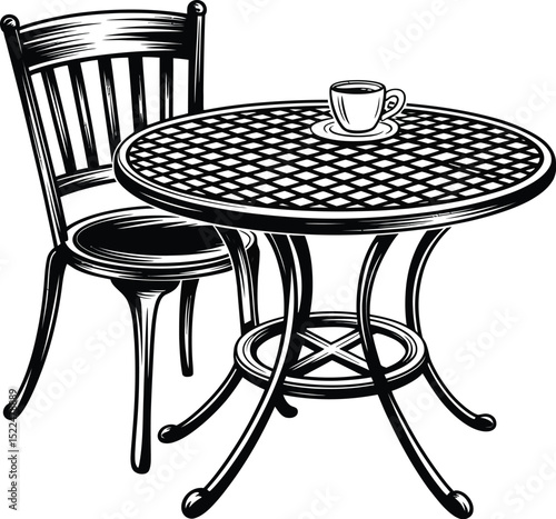 Illustration of coffee cup on table with chair vintage cafe bistro furniture black and white vector art editable stock vector illustration
