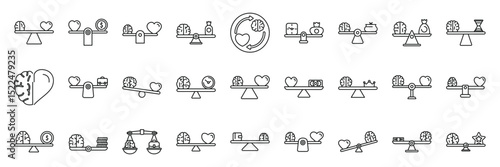 Brain heart balance icons set. Work life balance icons represent the equilibrium between competing priorities such as logic, emotion, time, money, and mental health