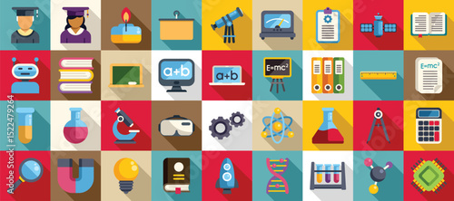 Stem education icons set. Diverse set of colorful icons representing various aspects of science, technology, engineering, mathematics, and education, fostering knowledge and innovation