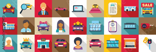 Dealership icons set. Colorful car dealership icons featuring vehicles, clients, dealers, showrooms, and sale signs, representing various aspects of auto business
