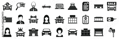 Dealership icons set. Car dealerships provide services like sales, financing, and maintenance, enhancing the customer experience and ensuring satisfaction