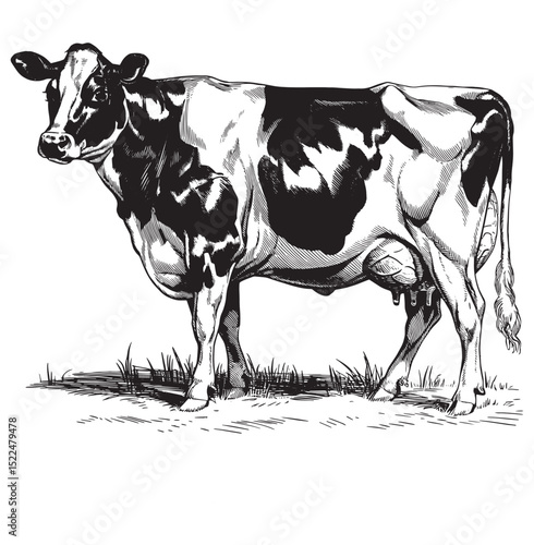 Black and White Cow Silhouette Vector Illustration on Grass