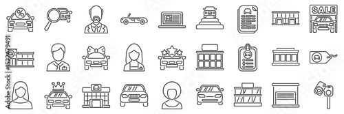Dealership icons set. Set of vector line icons related to car dealerships, including buying, selling, financing, insurance, showrooms, and more