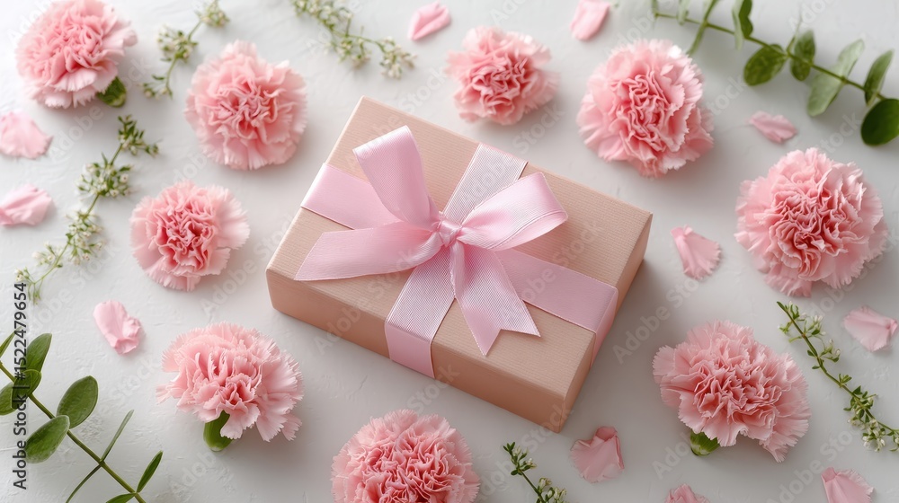 Pink Gift Box Surrounded by Carnations Pink Gift Box Surrounded by Carnations