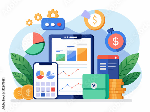 Flat illustration of income and expense tracking using modern digital apps on tablet