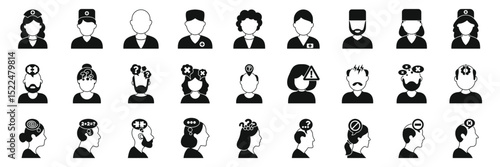 Dementia man icons set. Medical professionals and patients experiencing various mental health issues are depicted in this collection of icons
