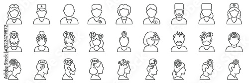 Dementia man icons set. Line icons representing doctors, nurses and patients experiencing various mental health problems and concerns