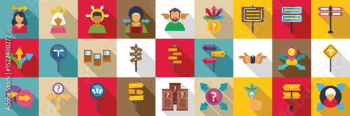 Choosing multiple directions icons set. Set of icons representing different decision making scenarios, choosing the right path and following directions