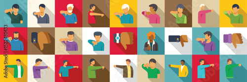 Man show dislike icons set. Diverse set of icons depicting people gesturing thumbs down, symbolizing disapproval, dislike, or negative feedback in various contexts