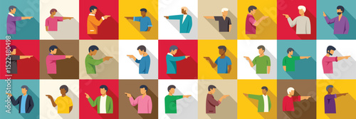 Man pointing finger forward icons set. People with different ethnicities and jobs pointing index finger to the right side on a multicolored background