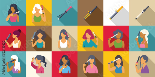 Woman curling iron icons set. Collection of colorful flat design icons featuring women styling their hair with curling irons