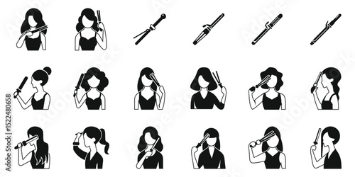 Woman curling iron icons set. Hairdressers using curling iron to style hair, showing different techniques and tools for professional hair care