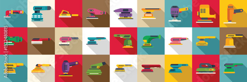Electric sanding machine icons set. Orbital sanders in different colors and shapes are presented, showcasing a variety of tools for sanding and polishing surfaces