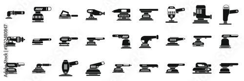 Electric sanding machine icons set. Different polishing machine icons represent various types of polishers, ideal for illustrating car detailing, woodworking, metalworking, and floor maintenance
