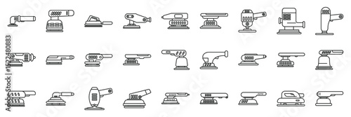 Electric sanding machine icons set. Collection of orbital sander icons representing various power tools used for smoothing surfaces in woodworking, metalworking, and automotive applications