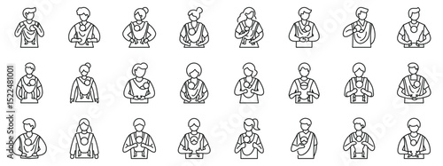 Baby sling icons set. Parents enjoy close contact with newborns using various babywearing methods, fostering connection and facilitating everyday activities