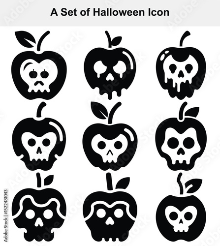 Nine halloween icons of apples with skulls