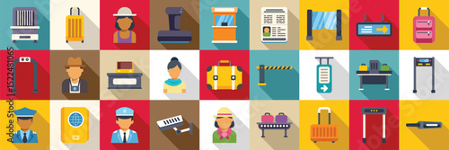 Passport border control icons set. Colorful icons represent airport security measures, passenger processing, and baggage handling, symbolizing modern air travel procedures