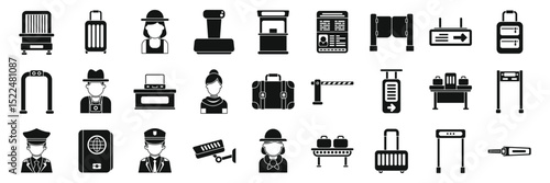 Passport border control icons set. Collection of icons depicting airport security and travel related elements