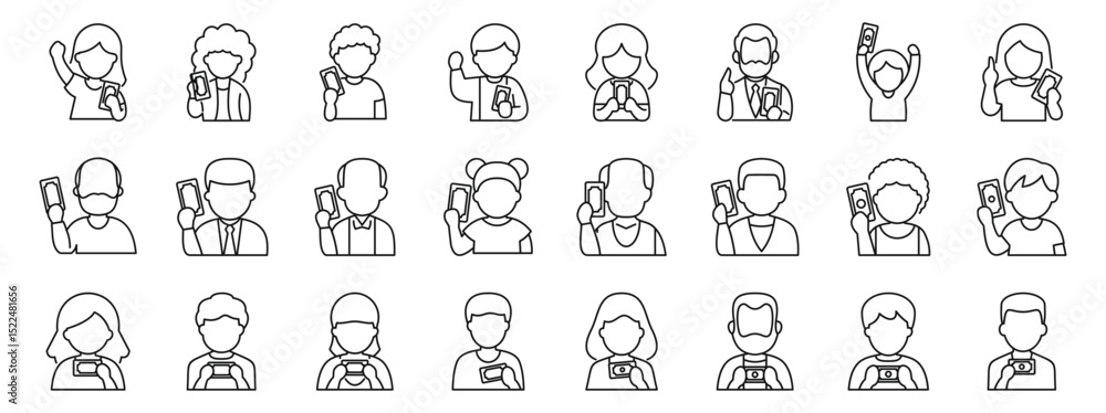 People holding cash dollar icons set. Diverse group of people holding, counting, and showing money, banknotes, or cash, depicting concepts of finance, wealth, and income People holding cash dollar icons set. Diverse group of people holding, counting, and showing money, banknotes, or cash, depicting concepts of finance, wealth, and income