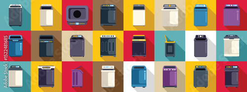 Top load washing machine icons set. Colorful icons representing various washing machines and tumble dryers, showcasing laundry equipment for household chores