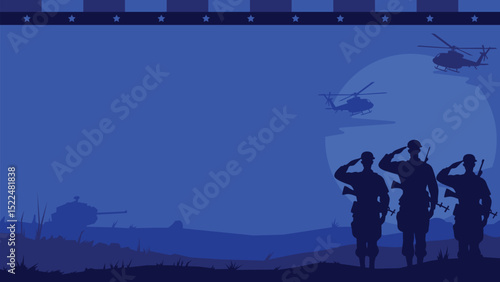Silhouette illustration of American soldier framed with patriotic US flag elements and blank copyspace in the center. Ideal for Army Day, military posters, and tribute designs.