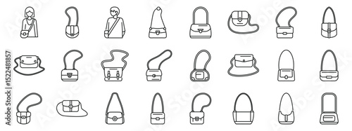 Crossbody icons set. Line icons of various bag styles, including people wearing them, showcasing diverse designs and functionalities