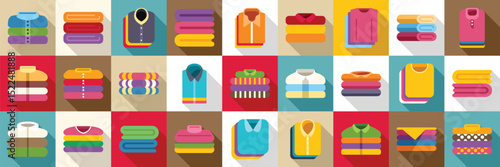 Folded clothes stack icons set. Colorful stacks of folded shirts, sweaters, and towels create a visually appealing representation of organization, tidiness, and laundry care