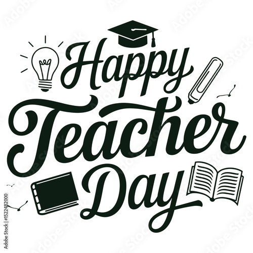 Happy Teacher Day Typography Vector with Education Icons