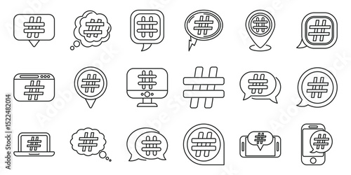 Hashtag symbol icons set. Set of hashtag icons representing online trends, discussions, and social media engagement
