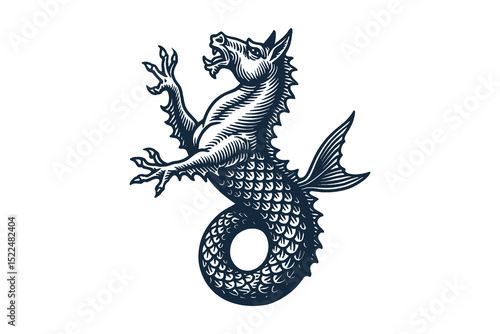 Foto Sea horse creature heraldic engraving vector illustration