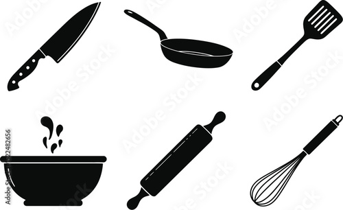 Kitchen tools vector illustration set of cooking utensils knife pan spatula bowl rolling pin and whisk design editable stock vector illustration