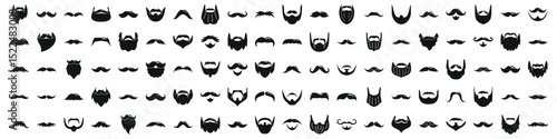 icons set. Wide variety of mustache and beard styles are displayed as black icons, perfect for representing male facial hair trends